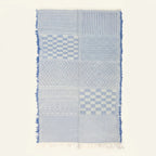 Powder blue and ivory Zanafi kilim rug Anzarim with geometric patchwork, full rug view