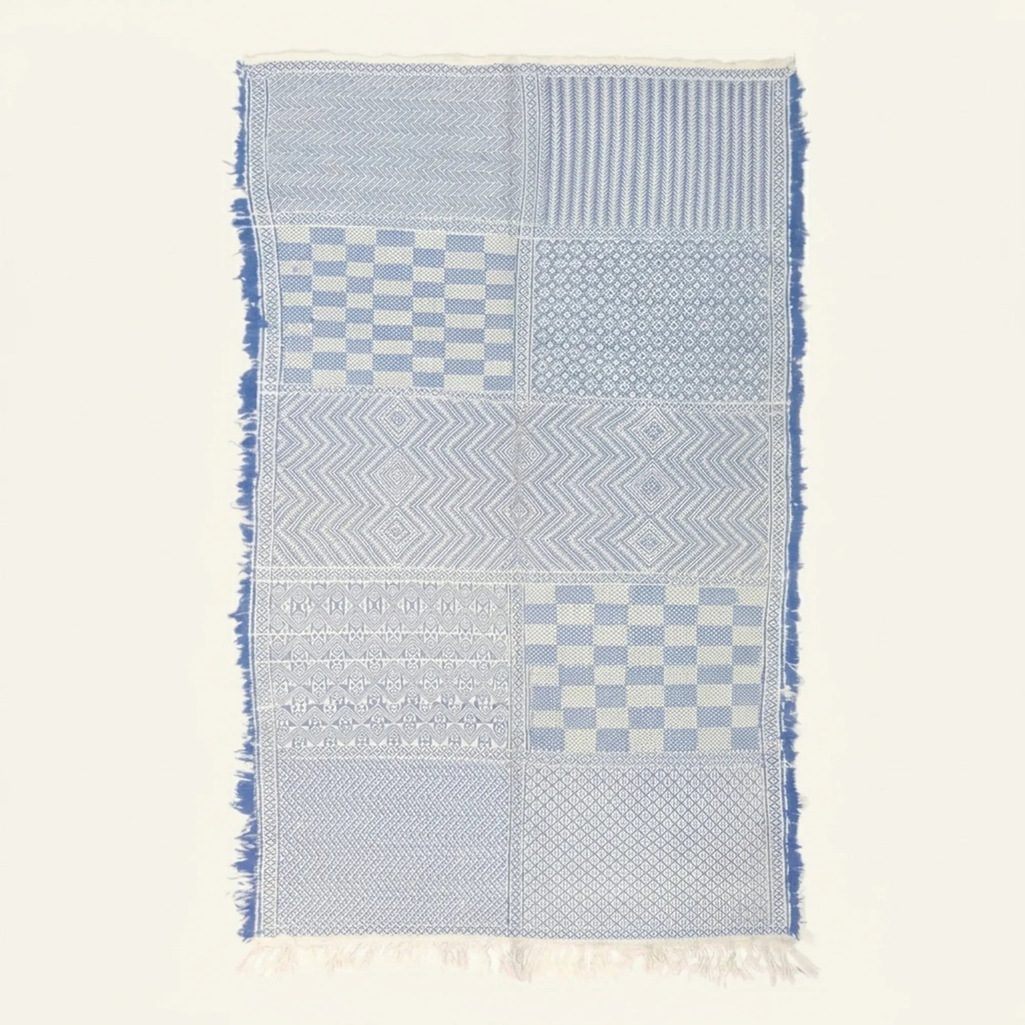 Powder blue and ivory Zanafi kilim rug Anzarim with geometric patchwork, full rug view