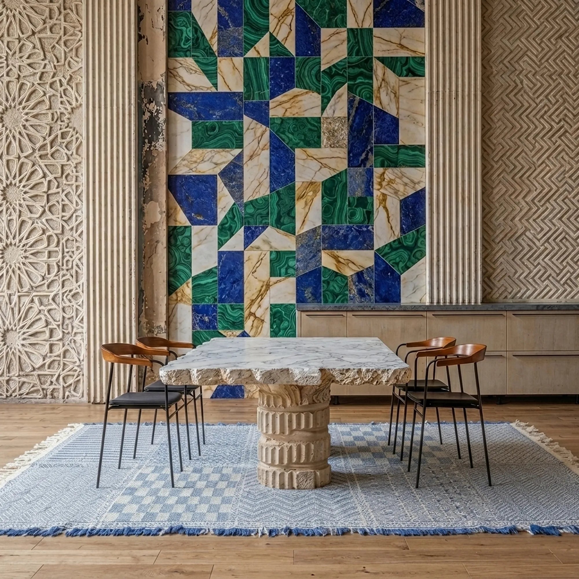 Powder blue and ivory Zanafi kilim rug Anzarim with geometric patchwork, styled living room view