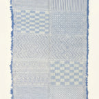 Powder blue and ivory Zanafi kilim rug Anzarim with geometric patchwork, geometric patchwork pattern detail
