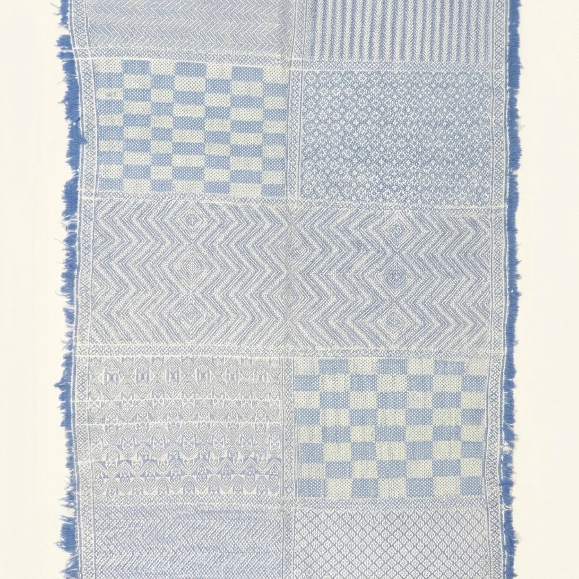Powder blue and ivory Zanafi kilim rug Anzarim with geometric patchwork, geometric patchwork pattern detail