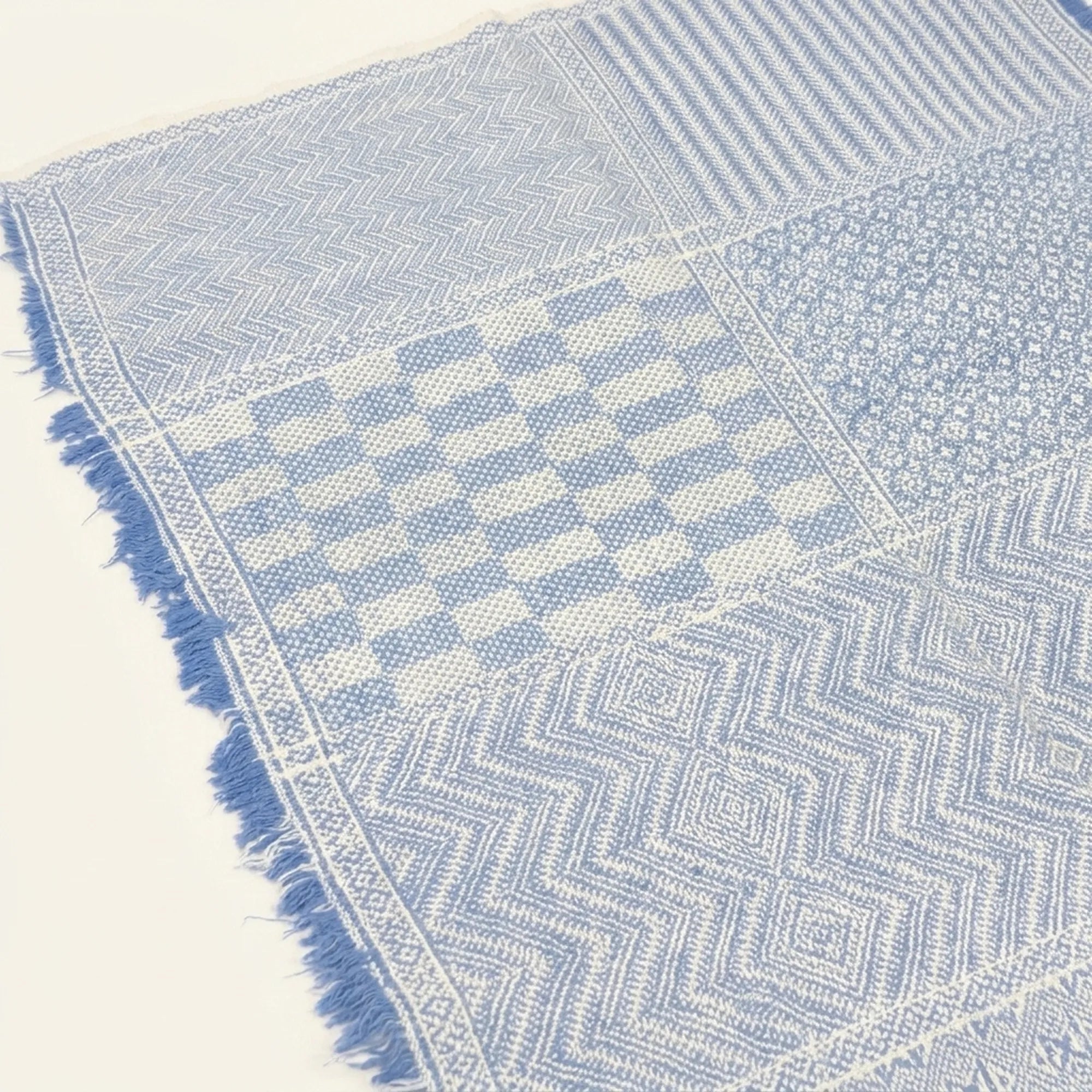 Powder blue and ivory Zanafi kilim rug Anzarim with geometric patchwork, flat-weave texture detail