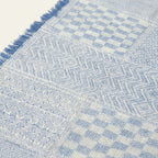 Powder blue and ivory Zanafi kilim rug Anzarim with geometric patchwork, edge and fringe detail