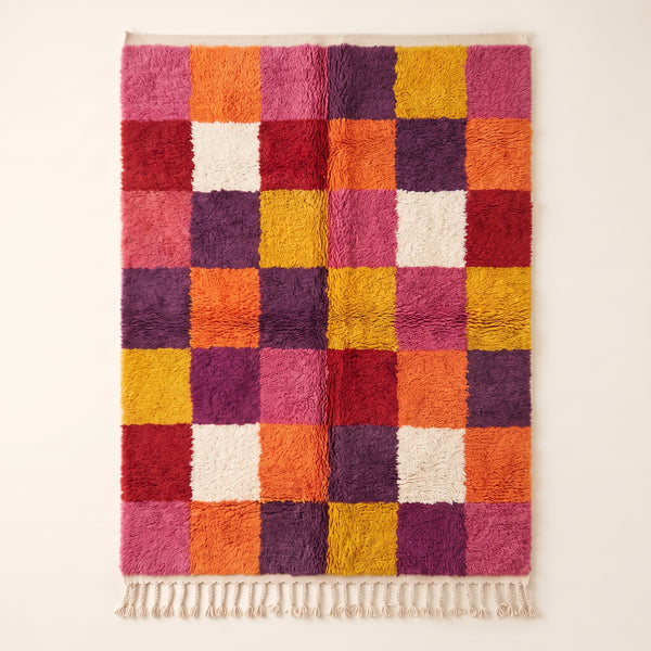 Red, Orange, Purple & Gold Boujaad Rug – Colour Block Checker – Isli