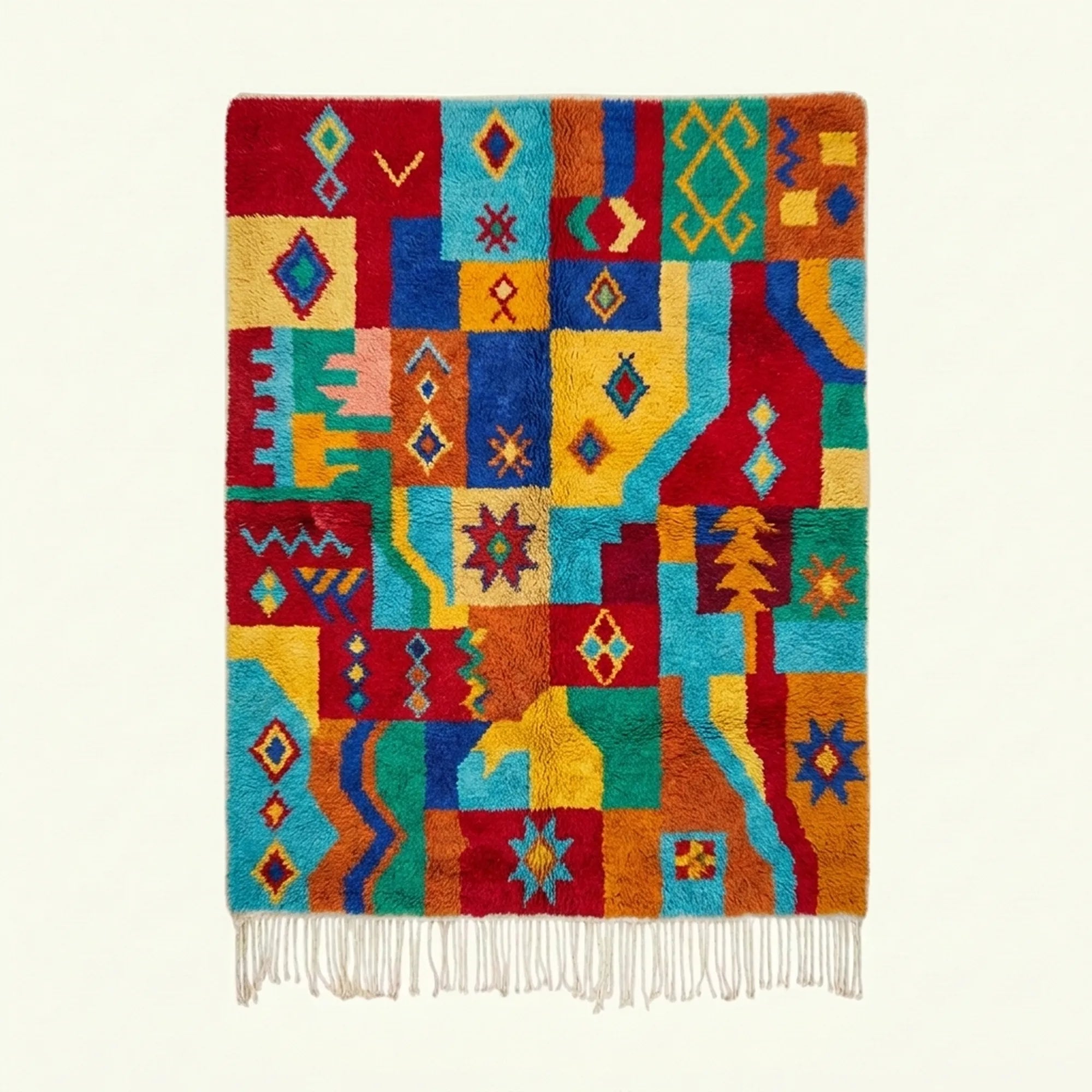 Full view of the Tazdayt red, turquoise and saffron Boujaad rug with a geometric star and diamond patchwork.