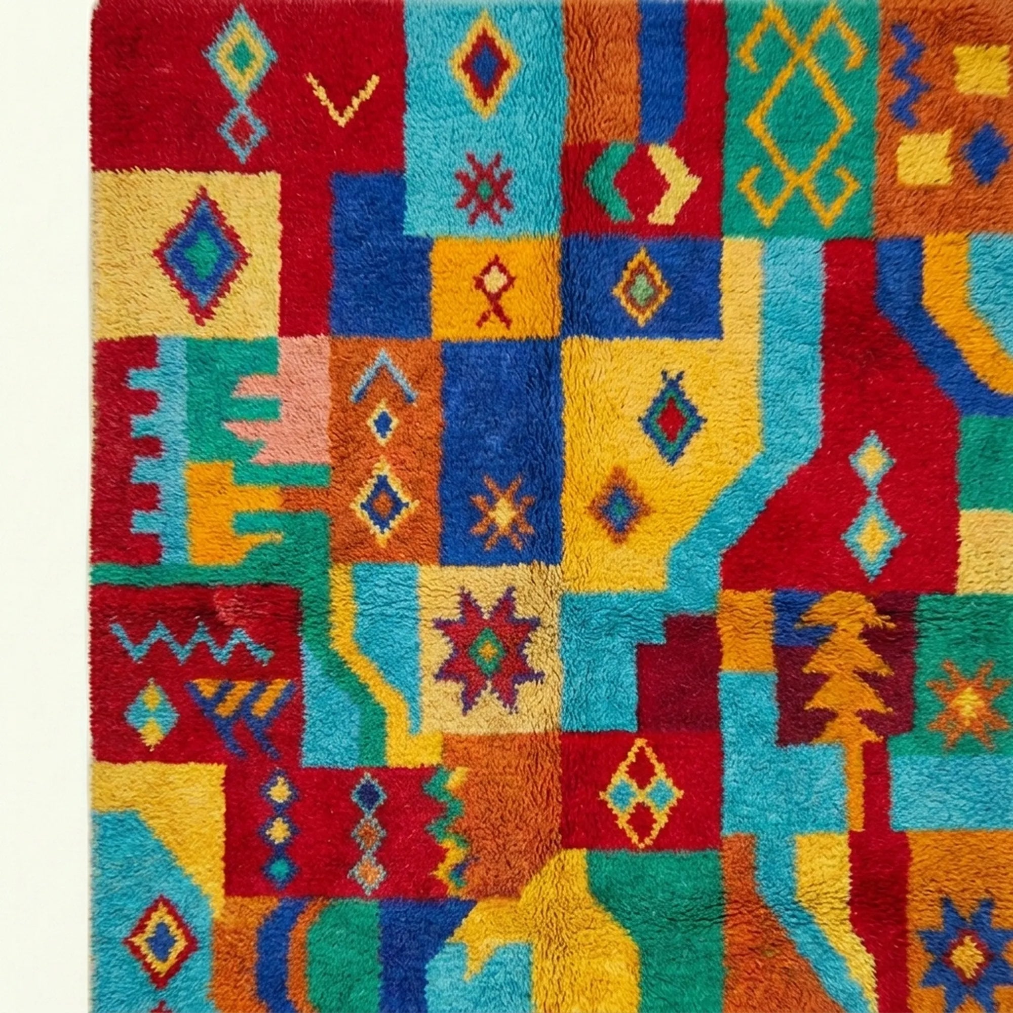 Close-up of the geometric star and diamond patchwork on the Tazdayt Boujaad rug.