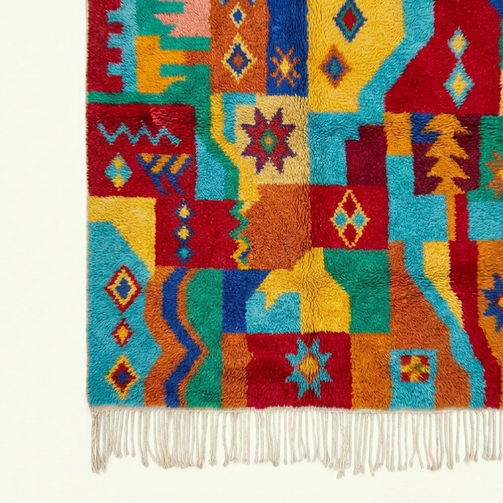 Close-up of the natural wool pile and woven texture of the Tazdayt Boujaad rug.