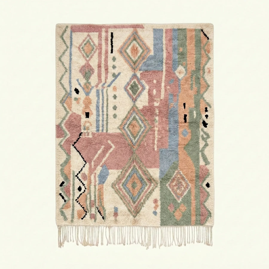 Rose Azilal rug Aylin with teal diamond geometry, full rug view