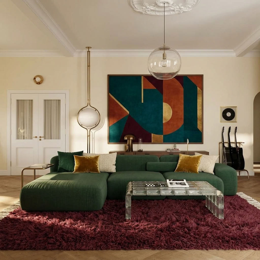 Rose Beni Ourain rug Tizi in modern living room with green sofa
