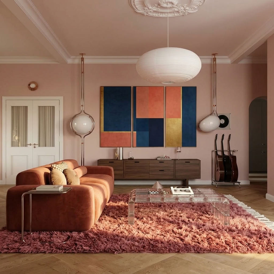 Rose Beni Ourain rug in contemporary living room with coral seating and abstract artwork
