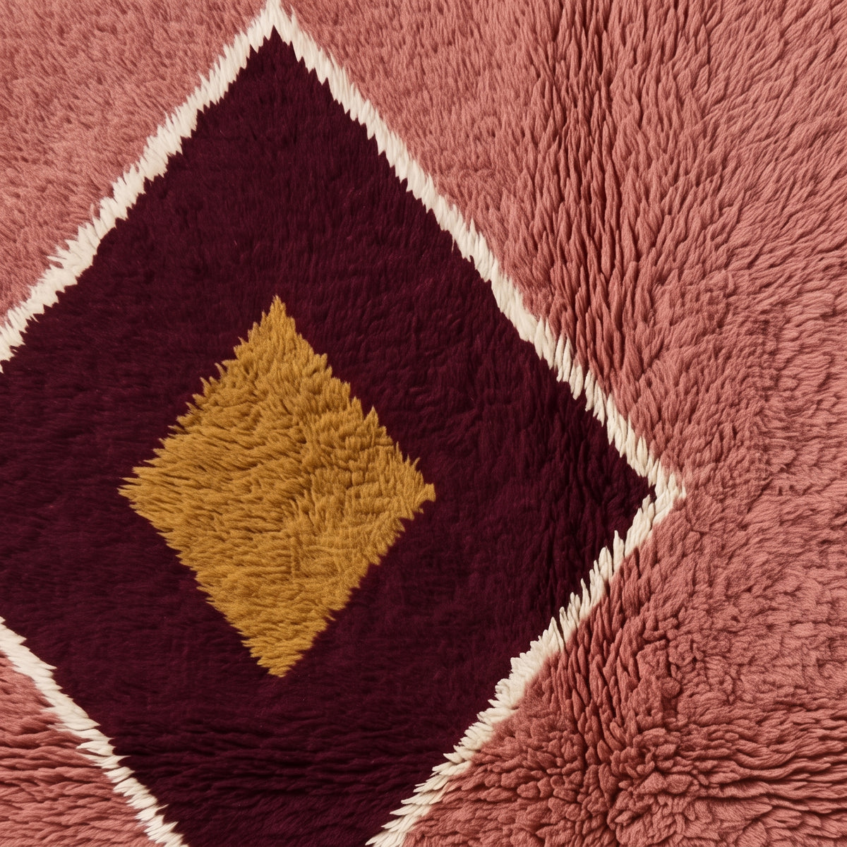 Close-up of diamond motif showing layered design with gold inner diamond outlined in burgundy with cream border