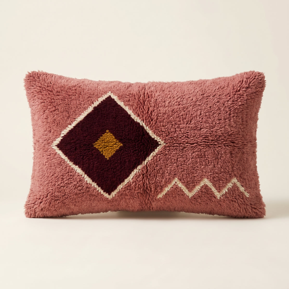 Rose & Burgundy Moroccan wool lumbar pillow, Rose Medallion design, 14 x 24 in
