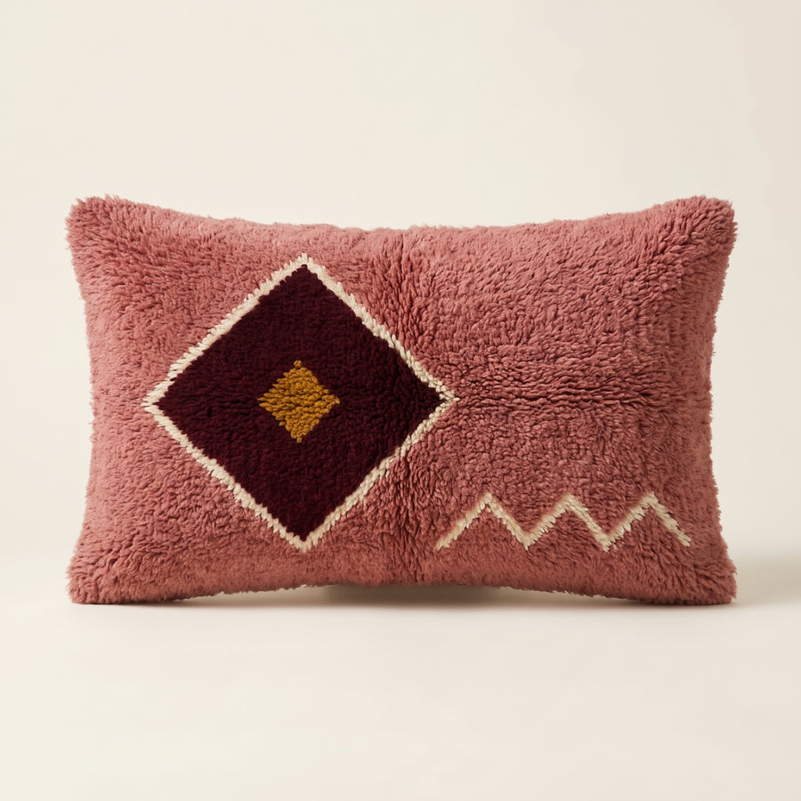 Rose & Burgundy Moroccan wool lumbar pillow, Rose Medallion design, 14 x 24 in