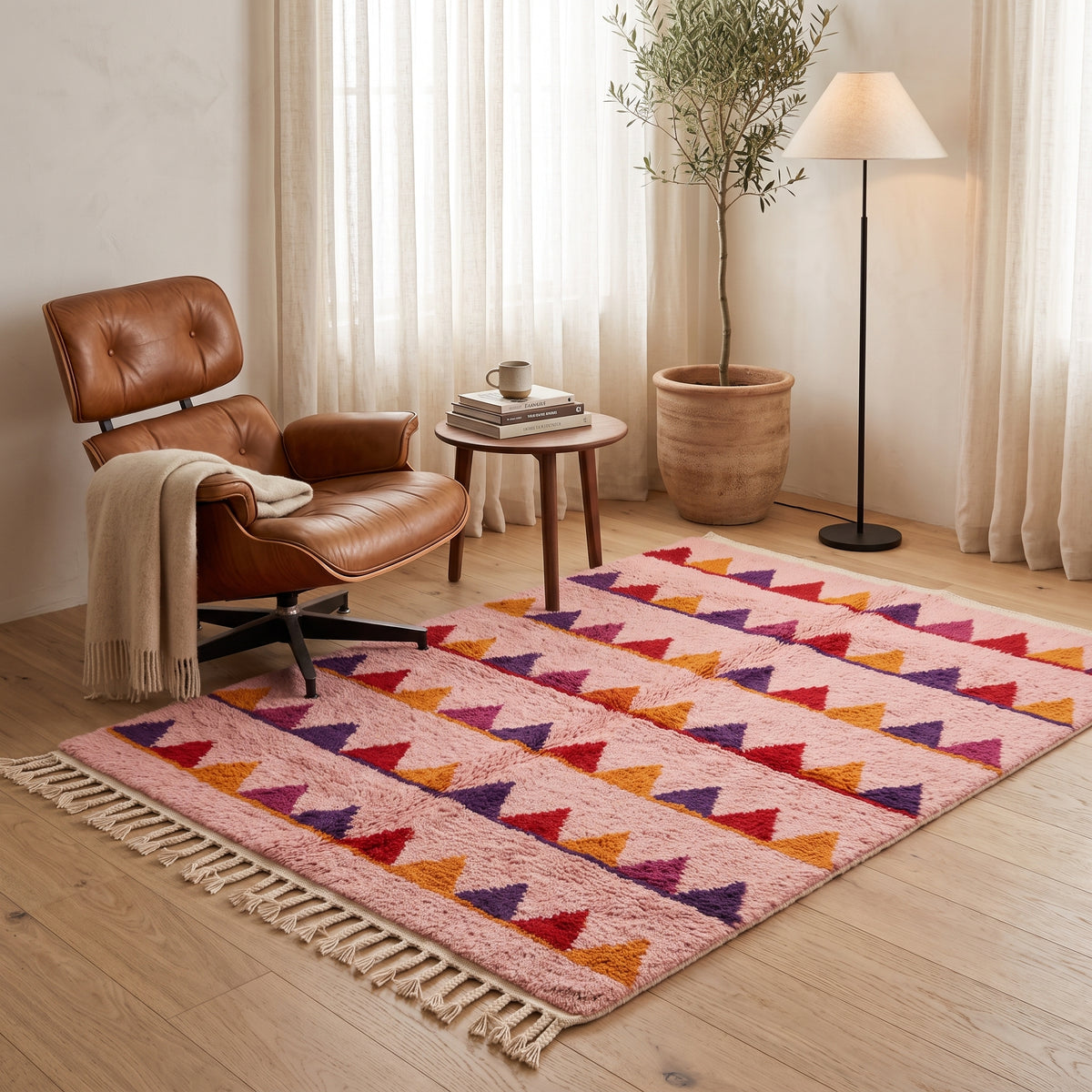 Rose Boujaad sawtooth rug in modern living room setting beside leather chair and side table
