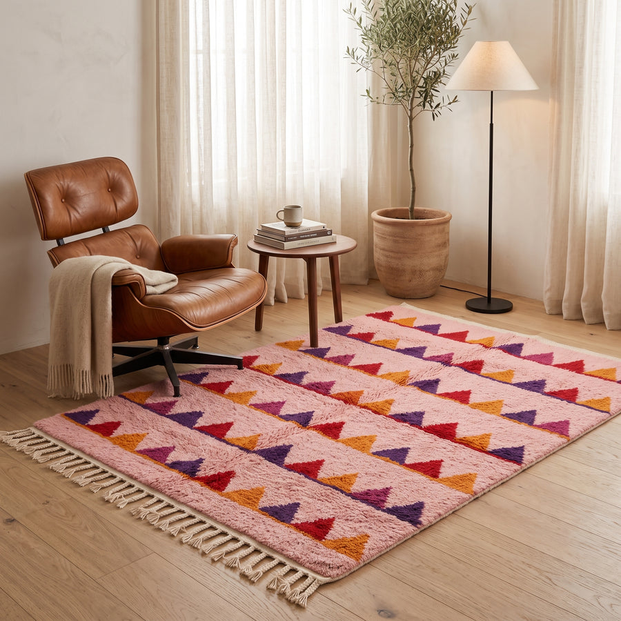 Rose Boujaad sawtooth rug in modern living room setting beside leather chair and side table