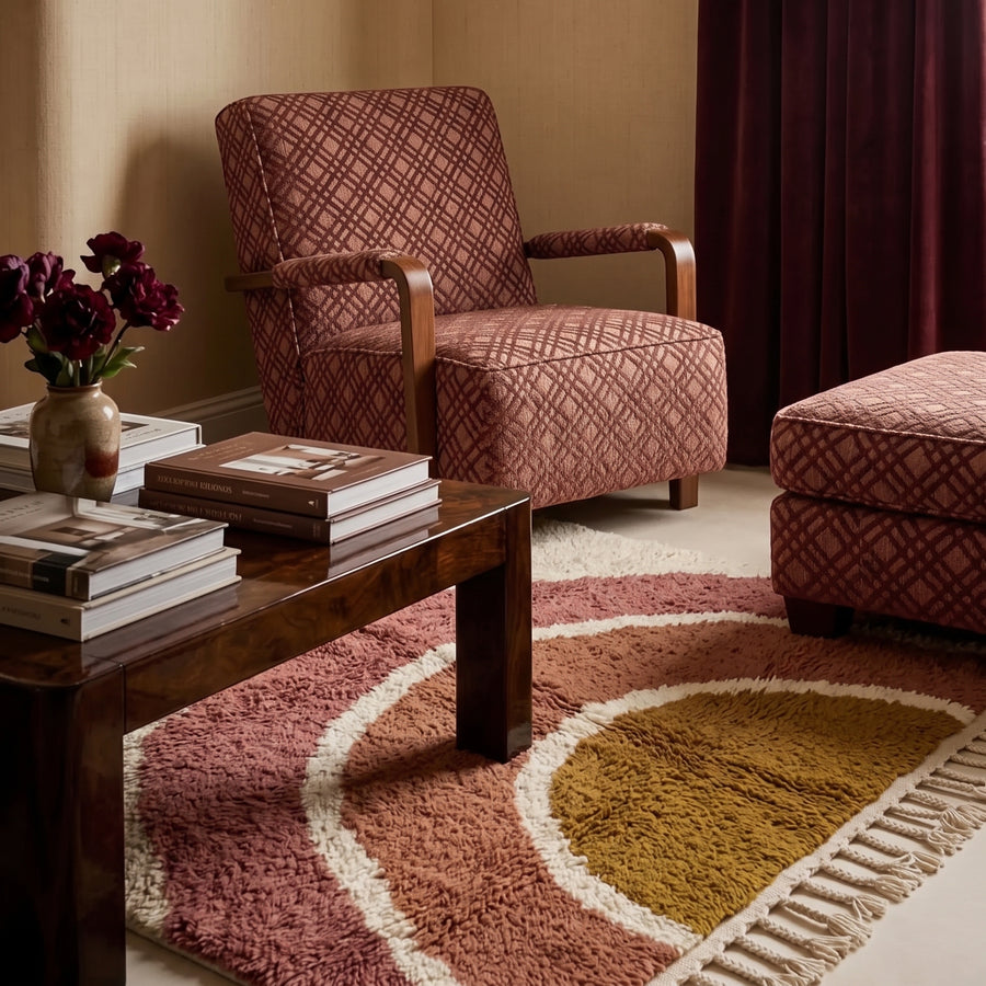 Rose & Ochre Mrirt Rug styled in living room with burgundy chair and wooden table