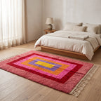 Menna Azilal rug in bedroom setting beside wooden bed with cream linens, showing saturated nested rectangle colours on wooden floor
