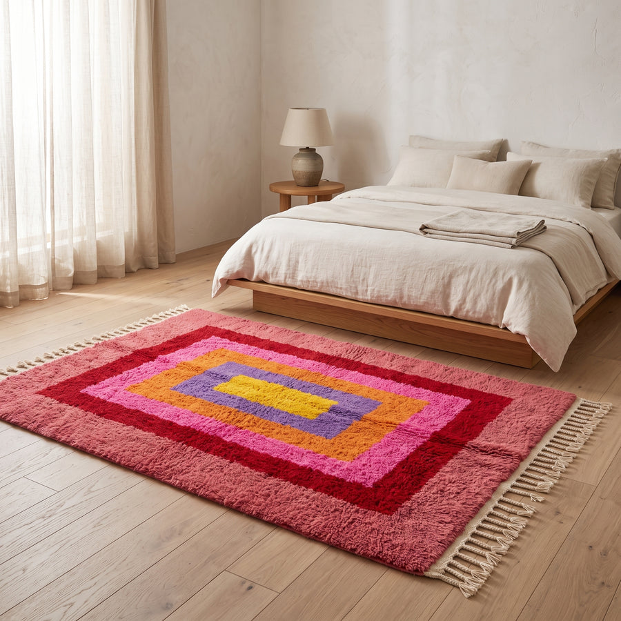 Menna Azilal rug in bedroom setting beside wooden bed with cream linens, showing saturated nested rectangle colours on wooden floor