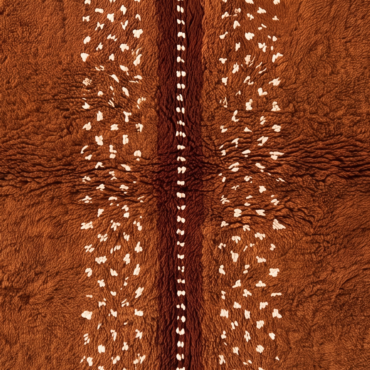 Cream fringe detail and white scattered motifs on rust field of Beni Ourain rug