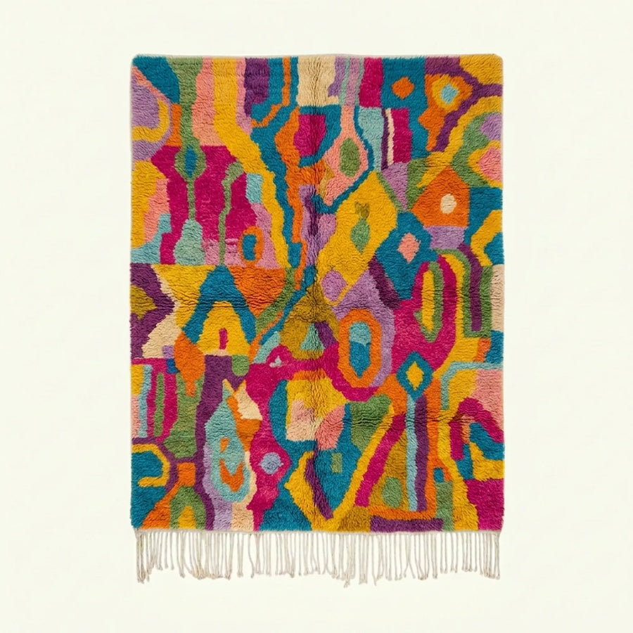 Full view of the Asirem saffron, magenta and turquoise Boujaad rug with a freeform abstract symbol design.