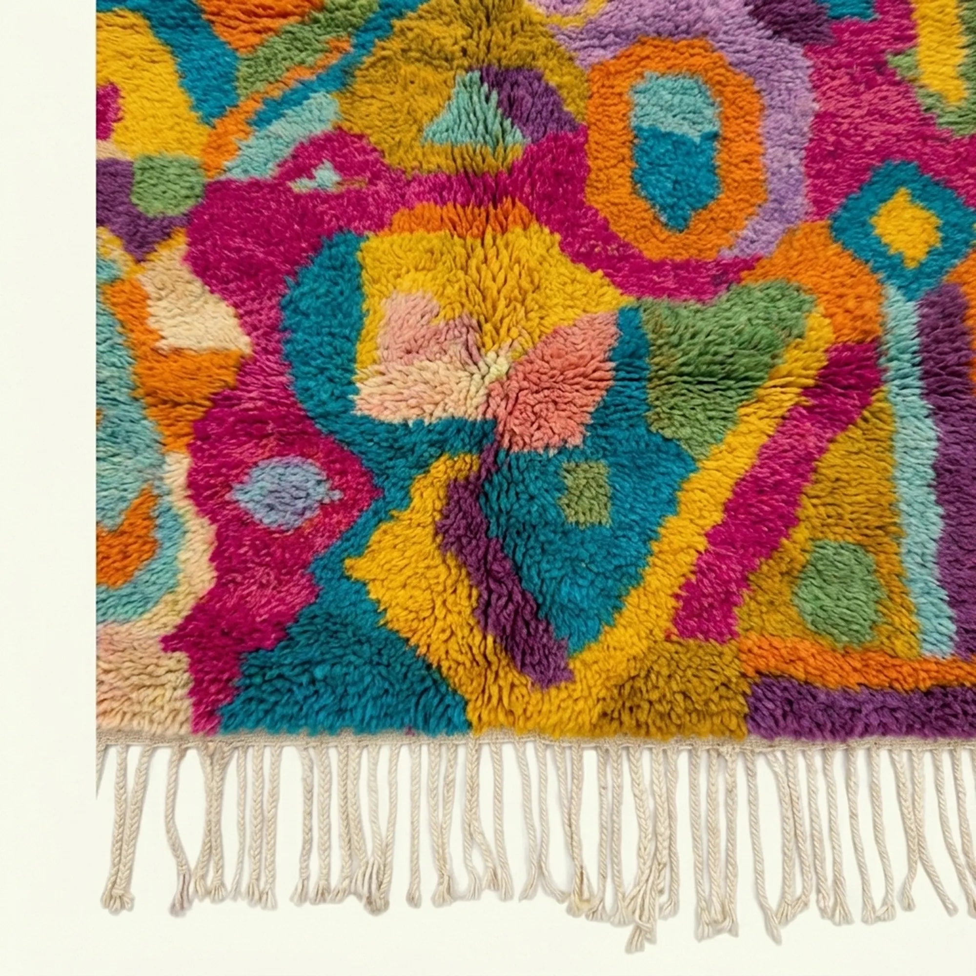 Close-up of the freeform abstract symbol design on the Asirem Boujaad rug.