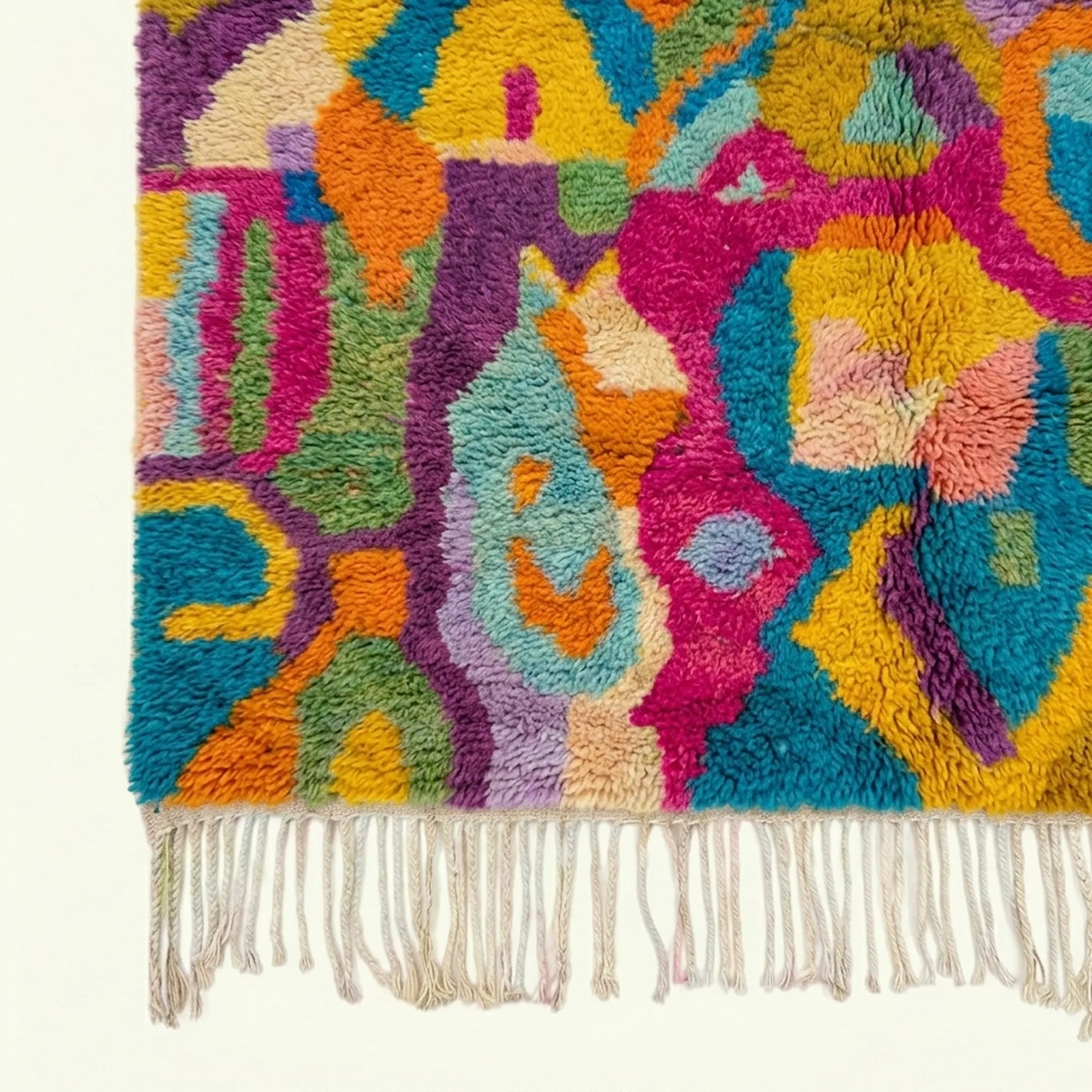 Fringe and edge detail of the Asirem saffron Boujaad rug.