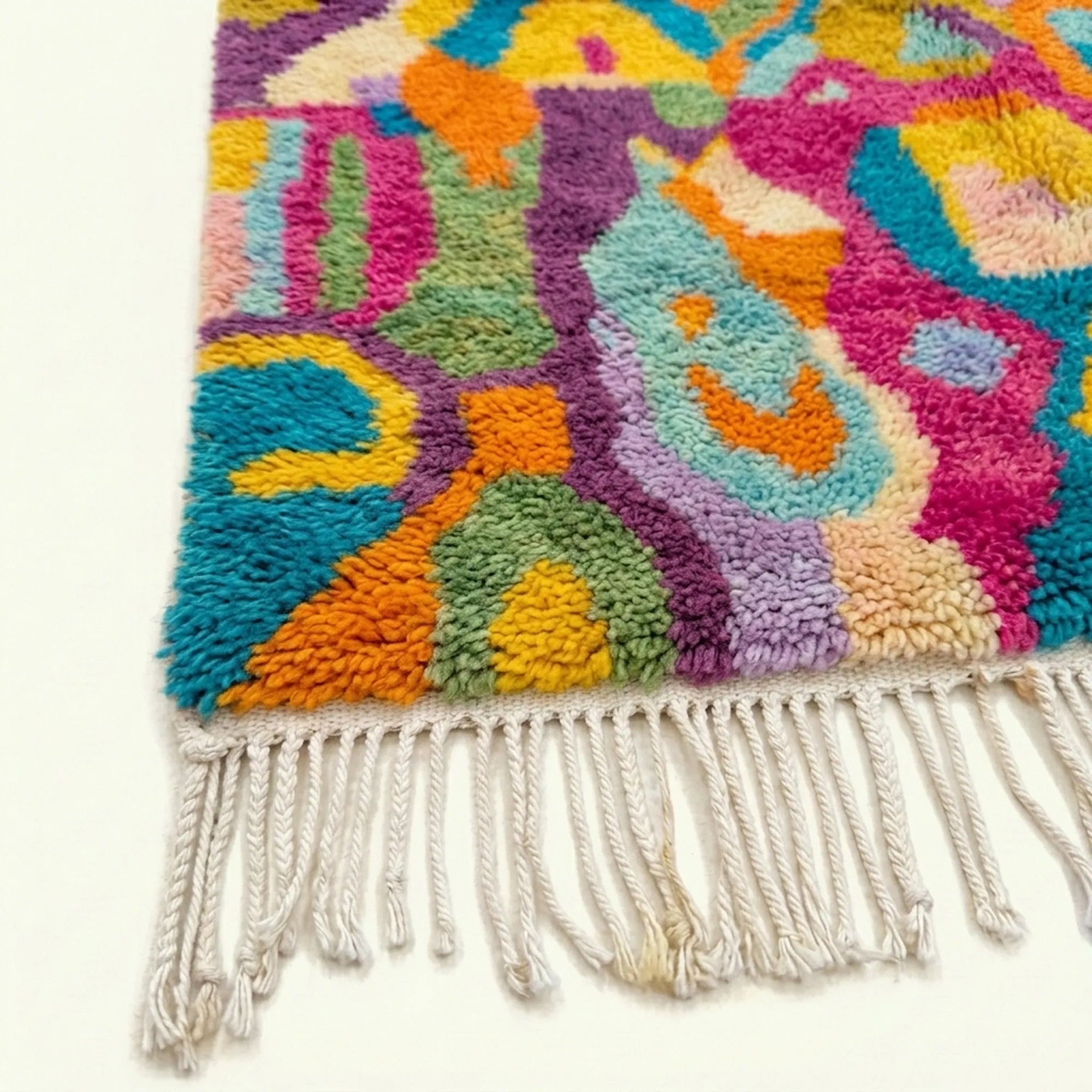Border and edge detail of the Asirem Boujaad rug in saffron and magenta.