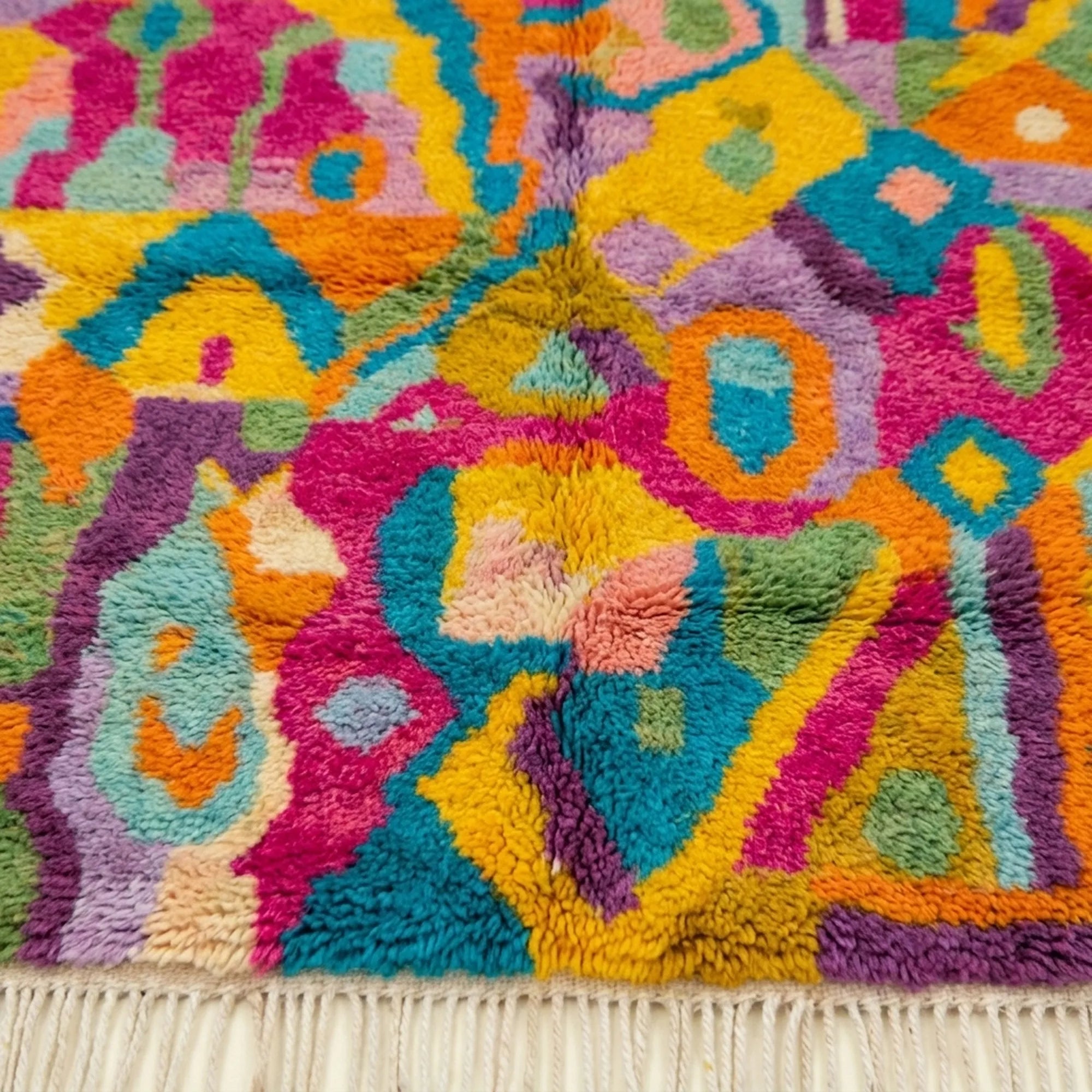 Close-up of the natural wool pile and woven texture of the Asirem Boujaad rug.
