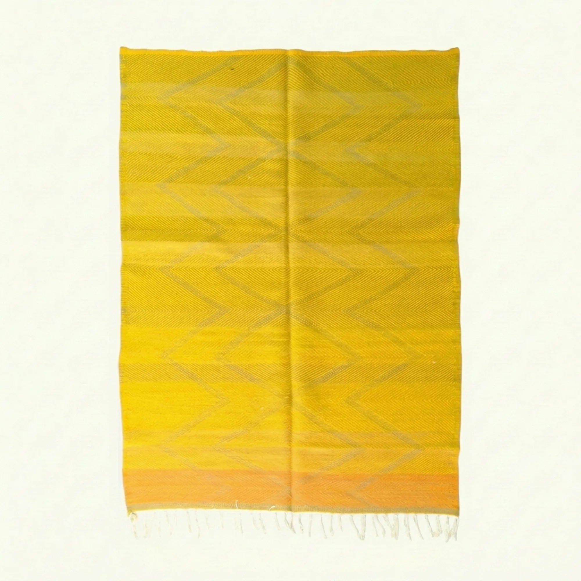 Saffron Yellow Zanafi kilim rug Agdz with gray chevrons, full rug view
