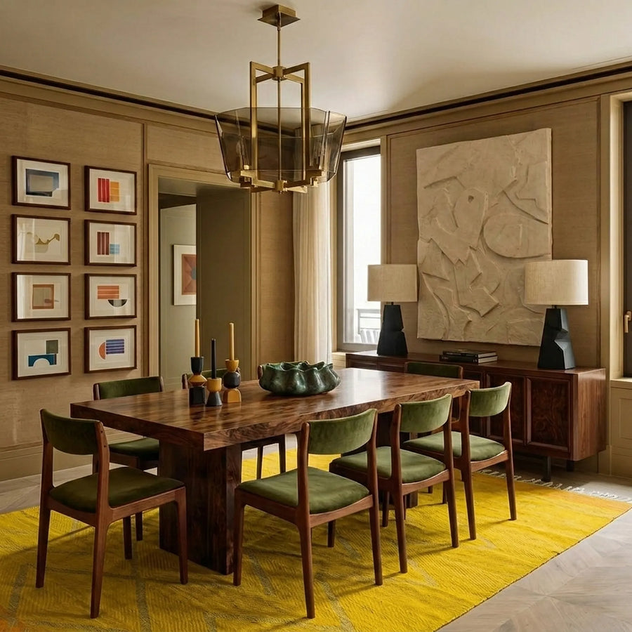 Saffron Yellow Zanafi kilim rug Agdz with gray chevrons, lifestyle room view