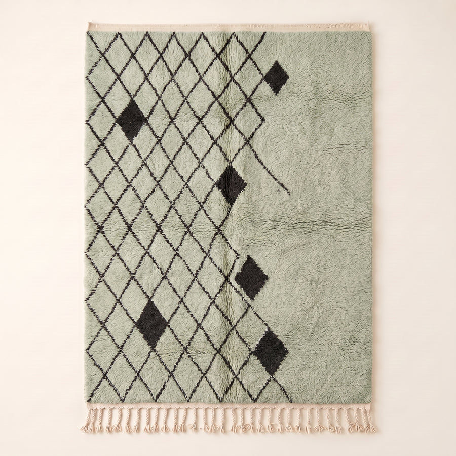 Sage & Charcoal Beni Ourain Massa rug, full flat view showing diamond lattice and scattered filled diamonds on neutral ground