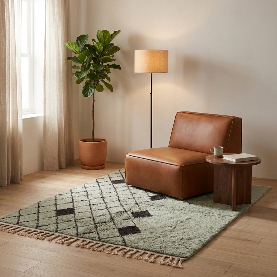 Sage & Charcoal Beni Ourain rug in living room setting beside brown leather chair and wooden side table