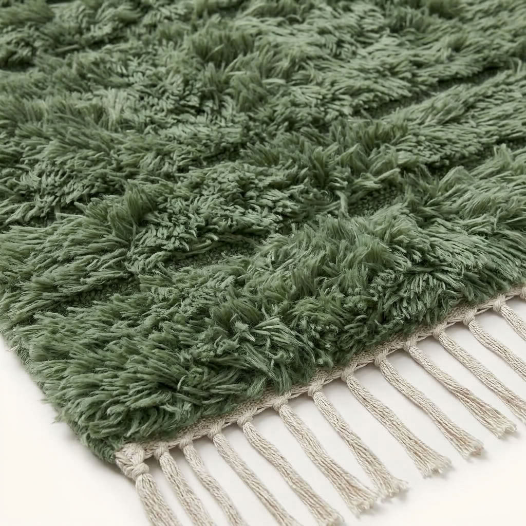 Texture detail of sage green rug pile with cream wool strands and hand-knotted surface
