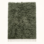 Sage green and ivory Beni Ourain rug Talwit with undyed shag texture, flat lay on plain background