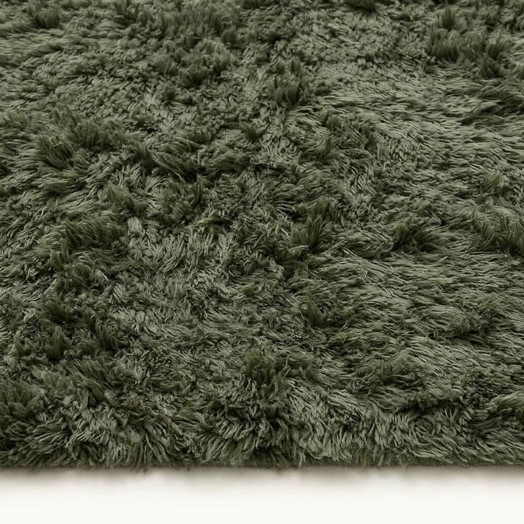 Close-up of sage green and ivory pile texture on Beni Ourain rug Talwit showing thick wool construction