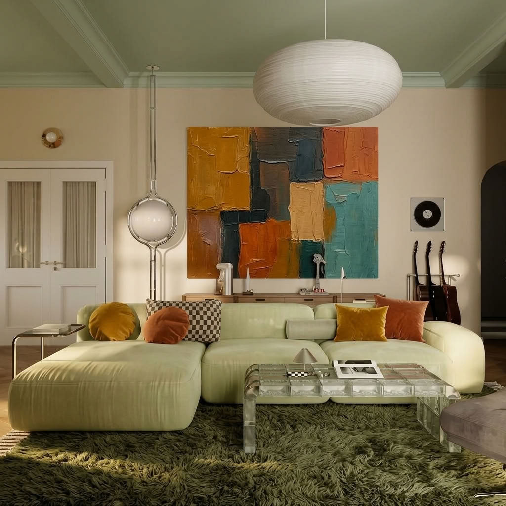 Sage green Beni Ourain rug Talwit in modern living room with cream sectional sofa and abstract artwork