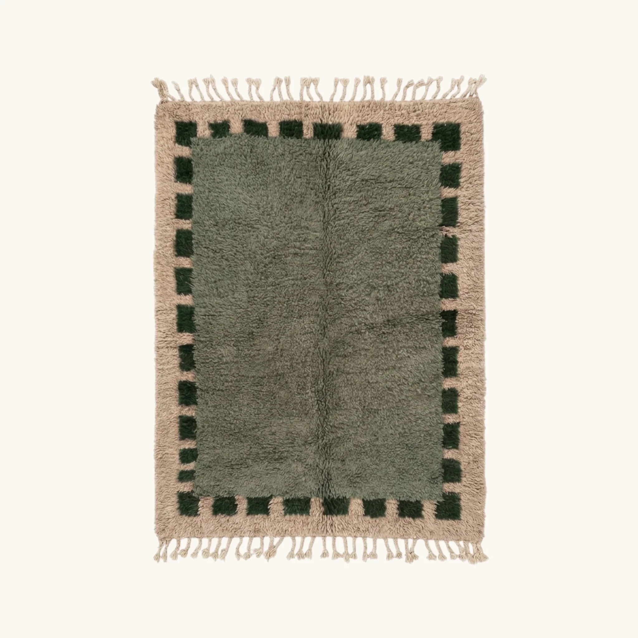 Full view of the Ifru sage green, forest green and ivory Beni Ourain rug with a block border design.