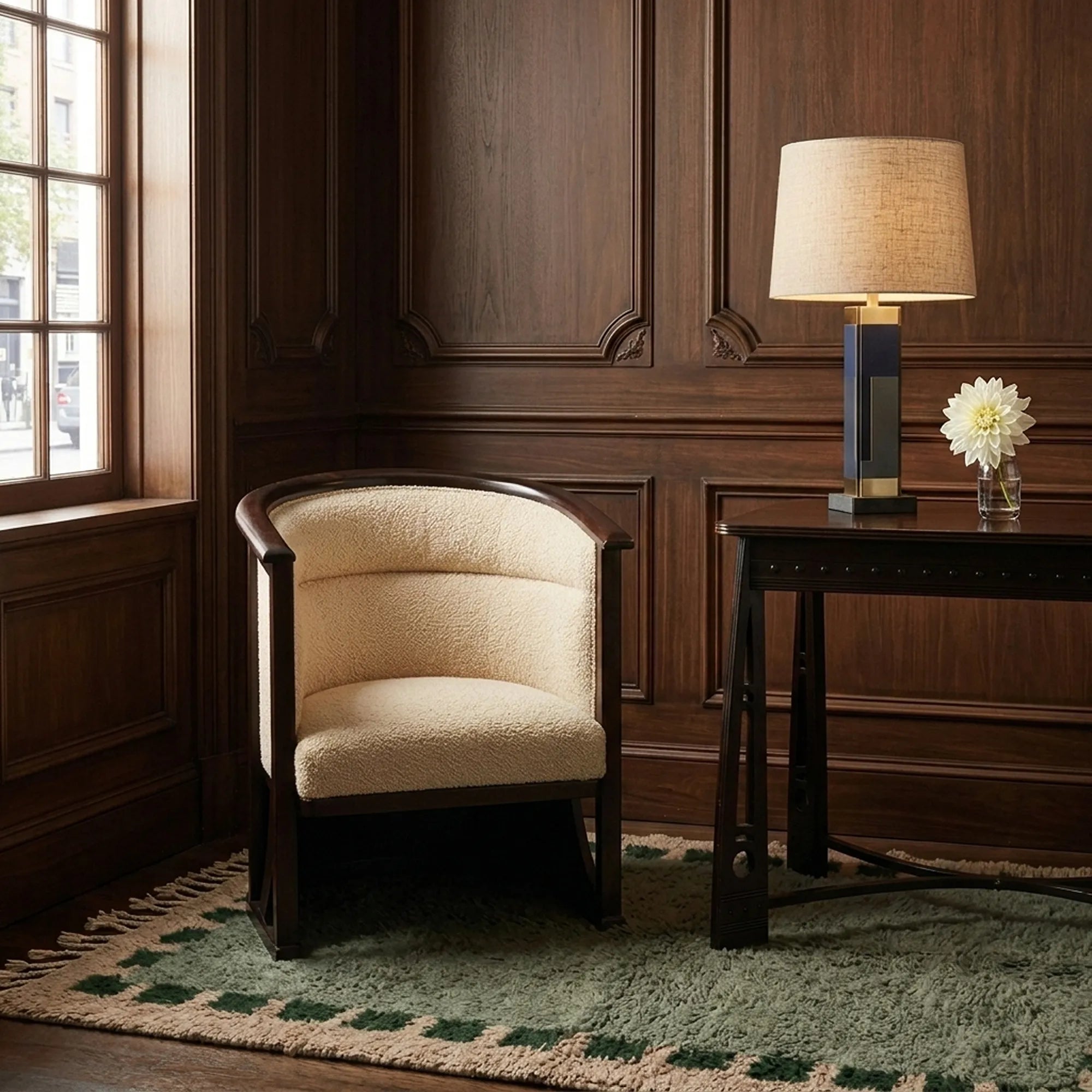 Ifru sage green, forest green and ivory Beni Ourain rug styled in a refined interior.