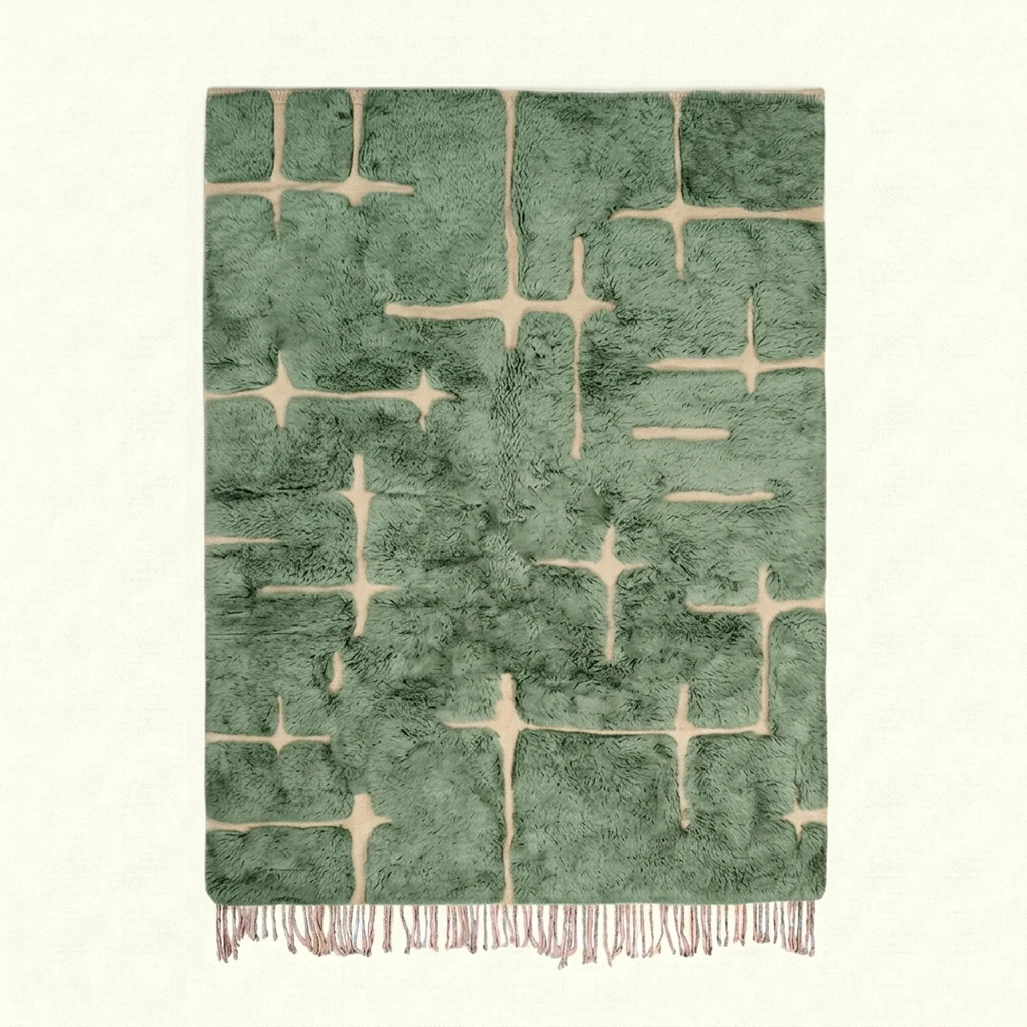 Sage green and ivory Mrirt rug Aseggas with abstract grid pattern, full rug view