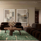 Sage green and ivory Mrirt rug Aseggas styled in a living room