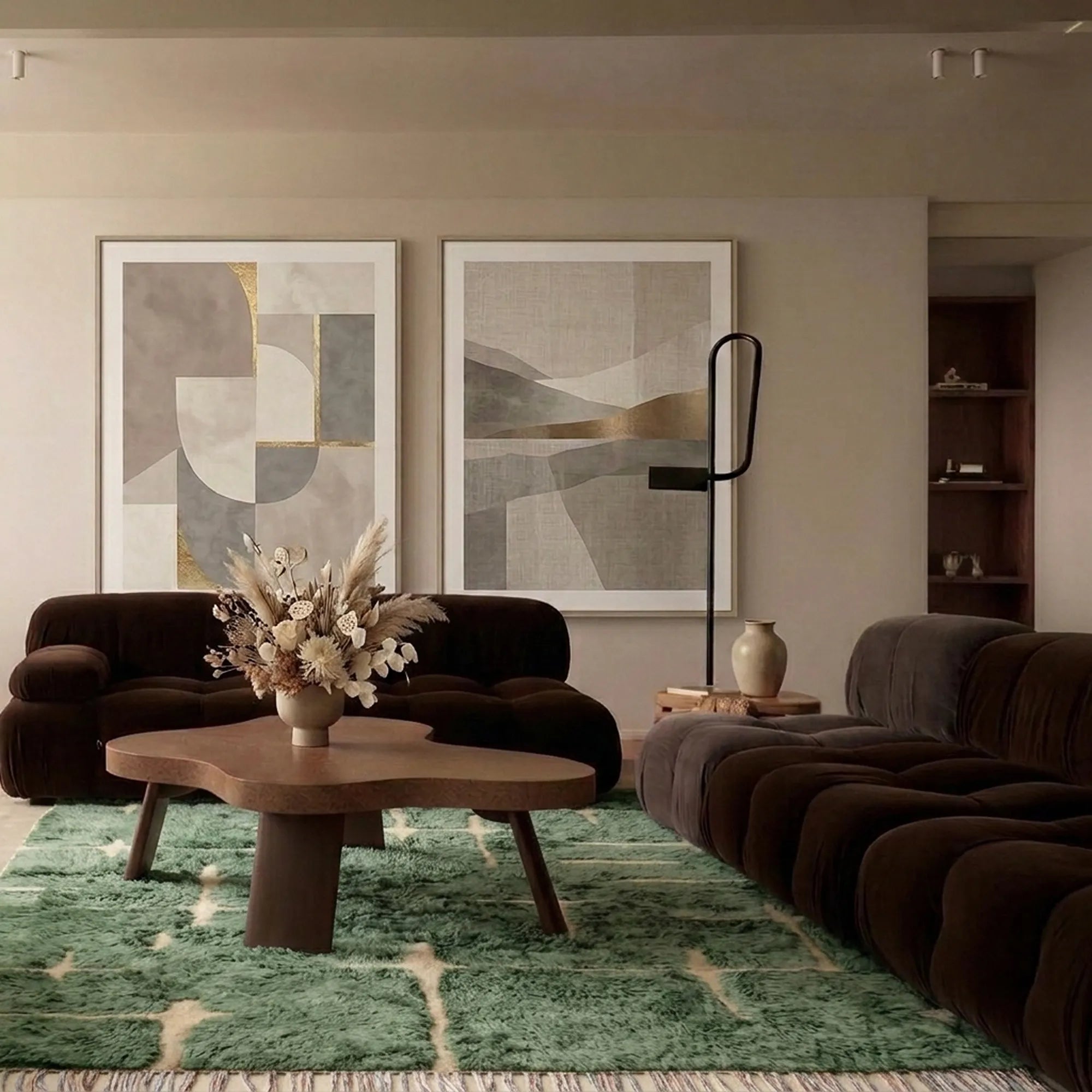 Sage green and ivory Mrirt rug Aseggas styled in a living room