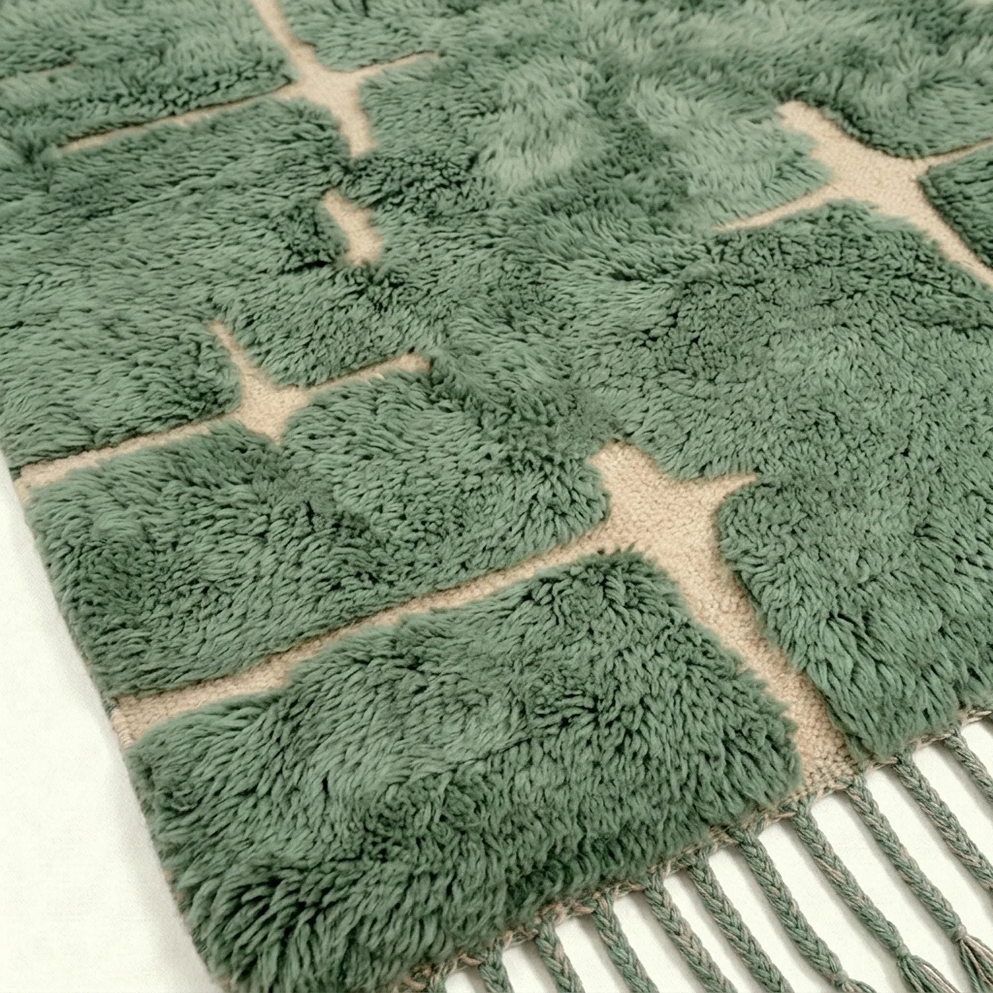 Sage green and ivory Mrirt rug Aseggas wool and fringe detail