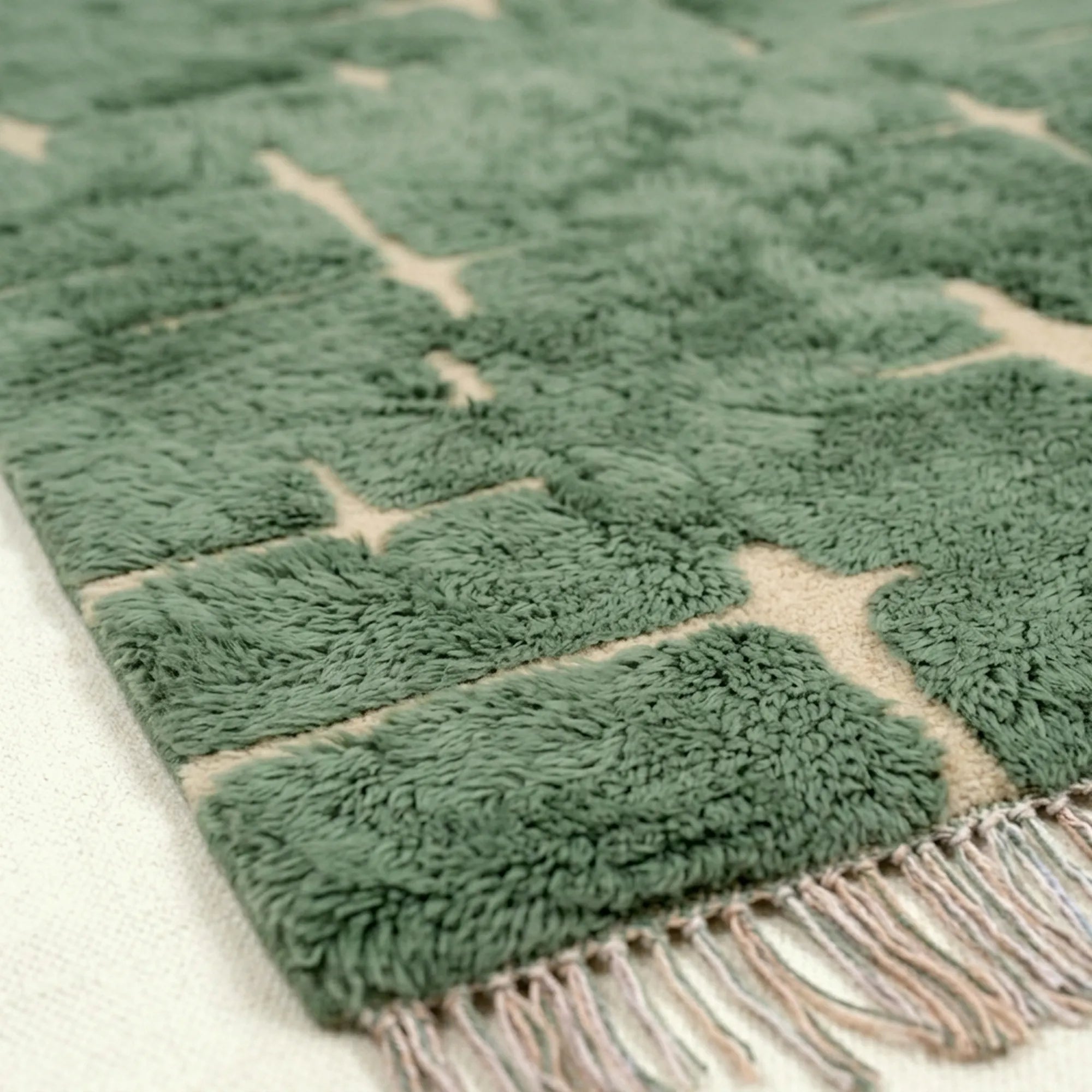 Sage green and ivory Mrirt rug Aseggas edge detail