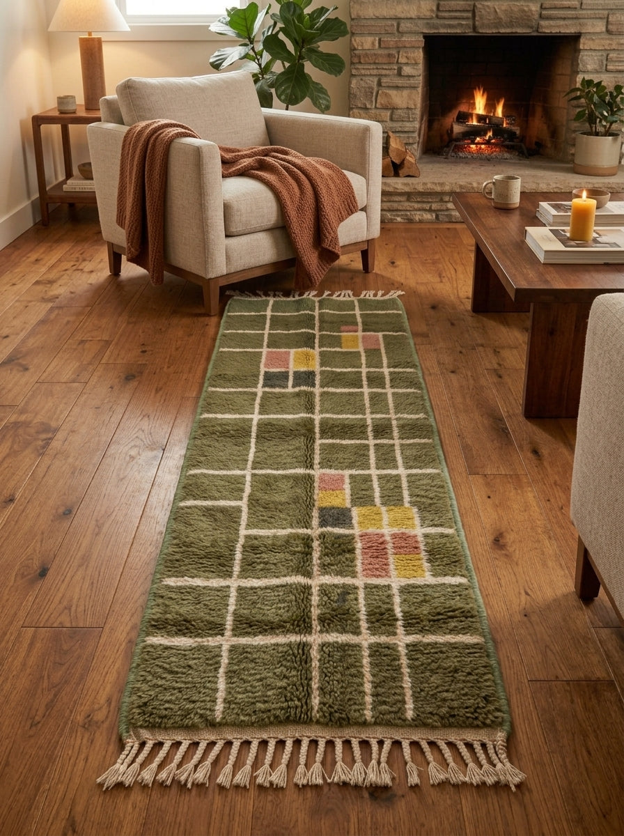 Sage green and olive Mrirt runner with grid check pattern laid in a contemporary fireplace living room with wooden furniture