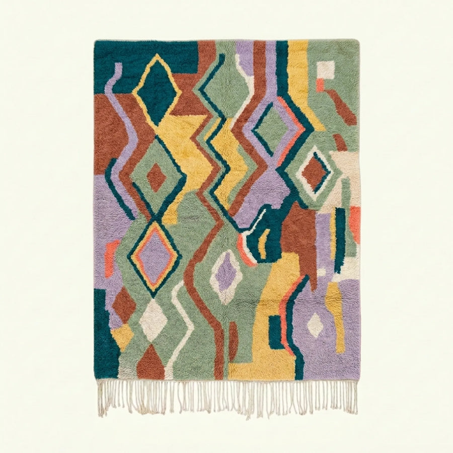 Full view of the Tafrar Boujaad rug in sage, terracotta, lilac and ochre with zigzag diamonds and abstract forms