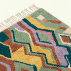 Angled detail of Tafrar showing multicolor zigzag bands across the hand-knotted wool pile