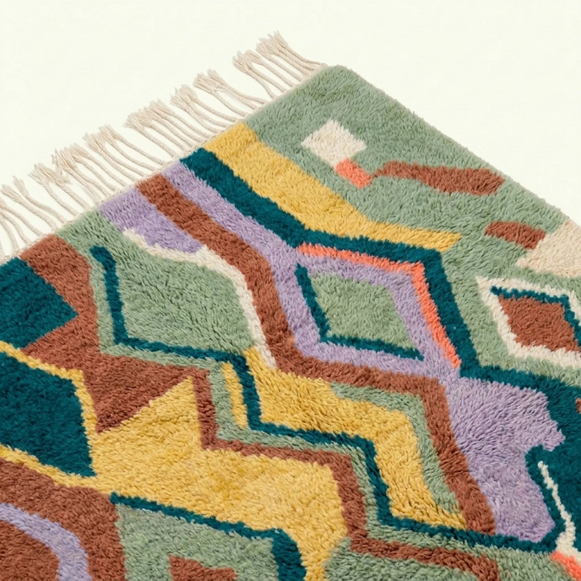 Angled detail of Tafrar showing multicolor zigzag bands across the hand-knotted wool pile
