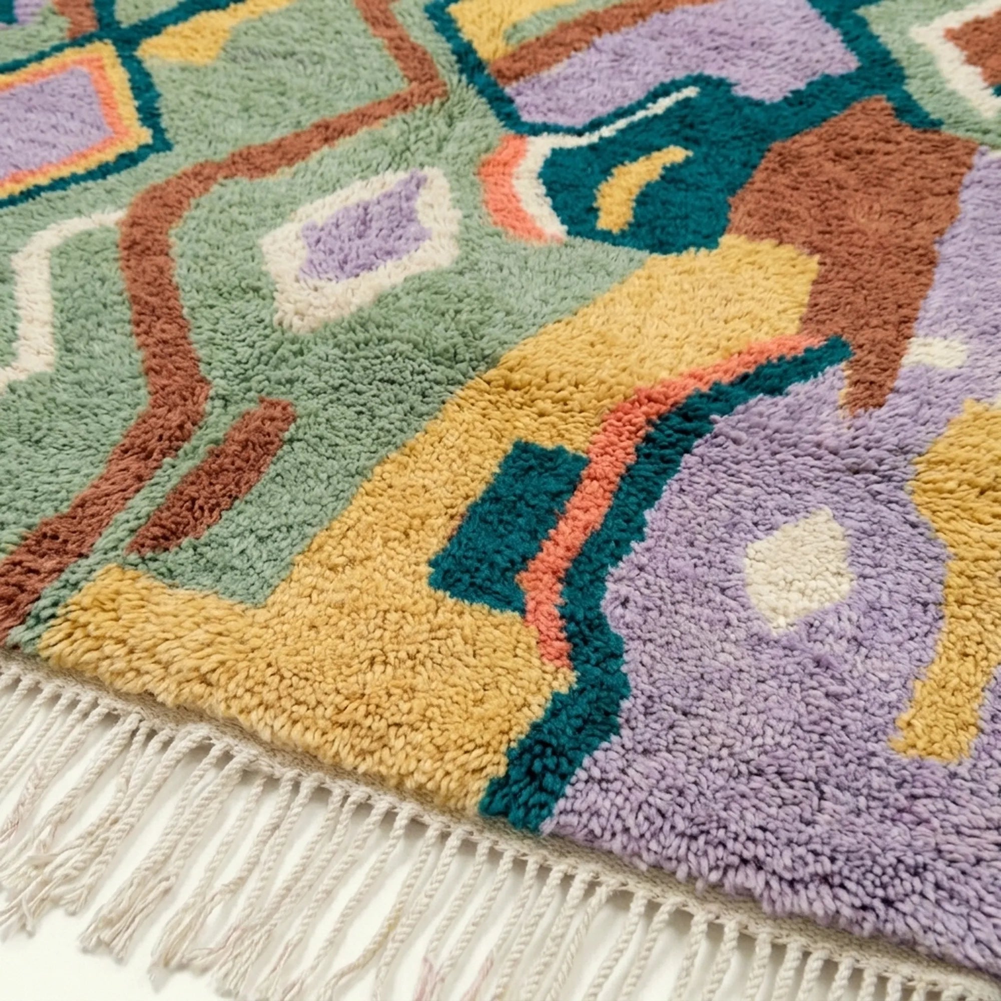 Fringe and edge detail of the Tafrar Boujaad rug with lilac, ochre and terracotta forms