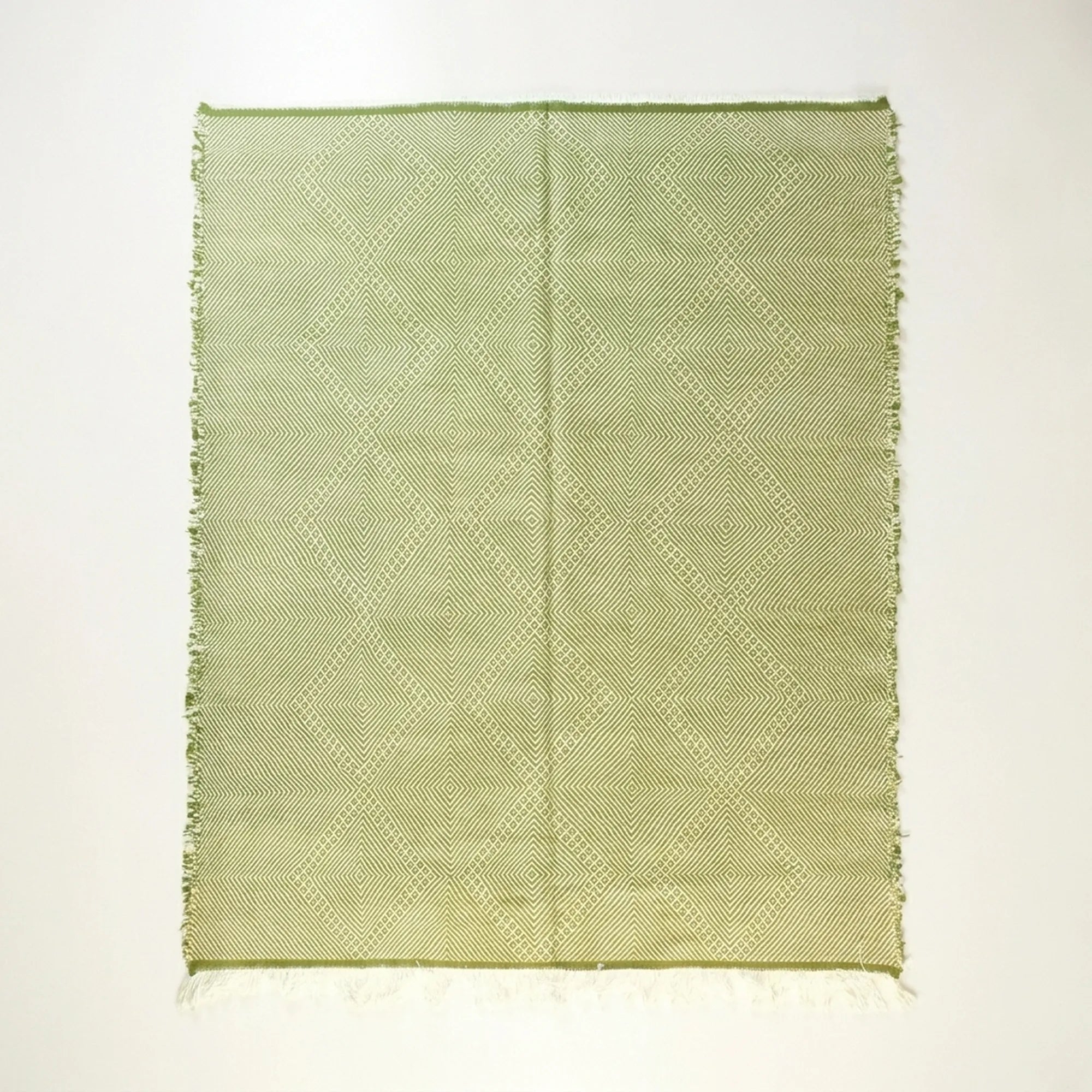 Sage green and ivory Zanafi kilim rug Akalun with minimal linear grid, full rug view