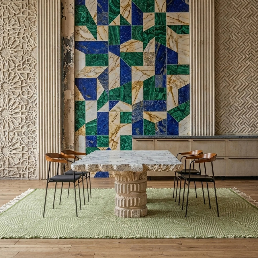 Sage green and ivory Zanafi kilim rug Akalun with minimal linear grid, styled living room view